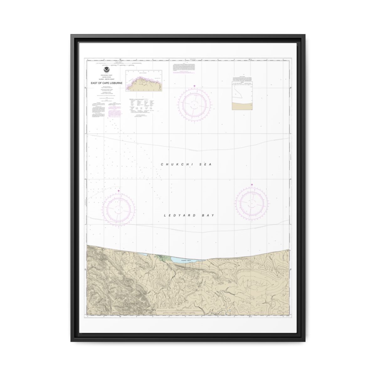 Chart 16121 East of Cape Lisburne - NOAA Nautical Chart Floating Frame Canvas | 24" x 32" | 30" x 40" - Black front