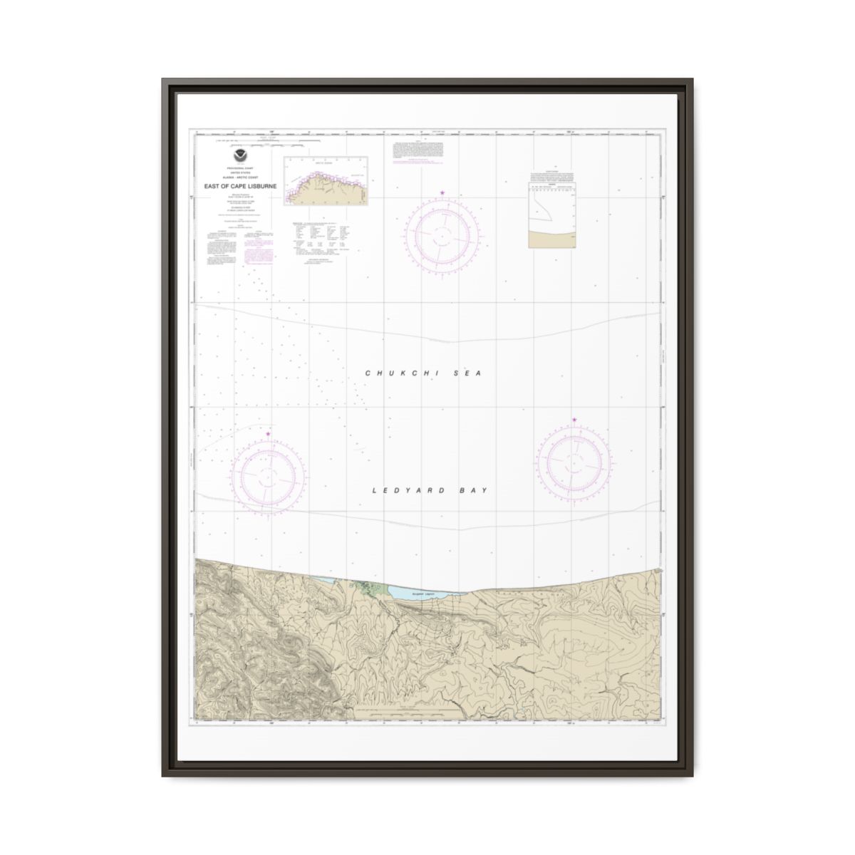 Chart 16121 East of Cape Lisburne - NOAA Nautical Chart Floating Frame Canvas | 24" x 32" | 30" x 40" - Espresso front