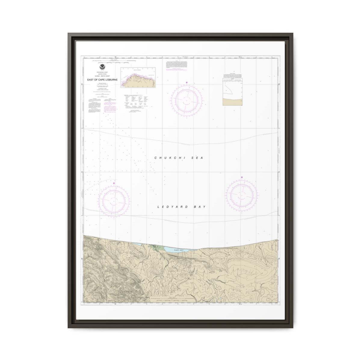 Chart 16121 East of Cape Lisburne - NOAA Nautical Chart Floating Frame Canvas | 24" x 32" | 30" x 40" - Espresso front