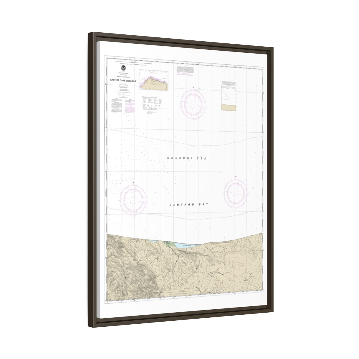 Chart 16121 East of Cape Lisburne - NOAA Nautical Chart Floating Frame Canvas | 24" x 32" | 30" x 40" - Espresso side