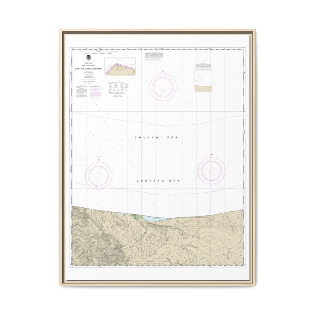 Chart 16121 East of Cape Lisburne - NOAA Nautical Chart Floating Frame Canvas | 24" x 32" | 30" x 40" - Natural front