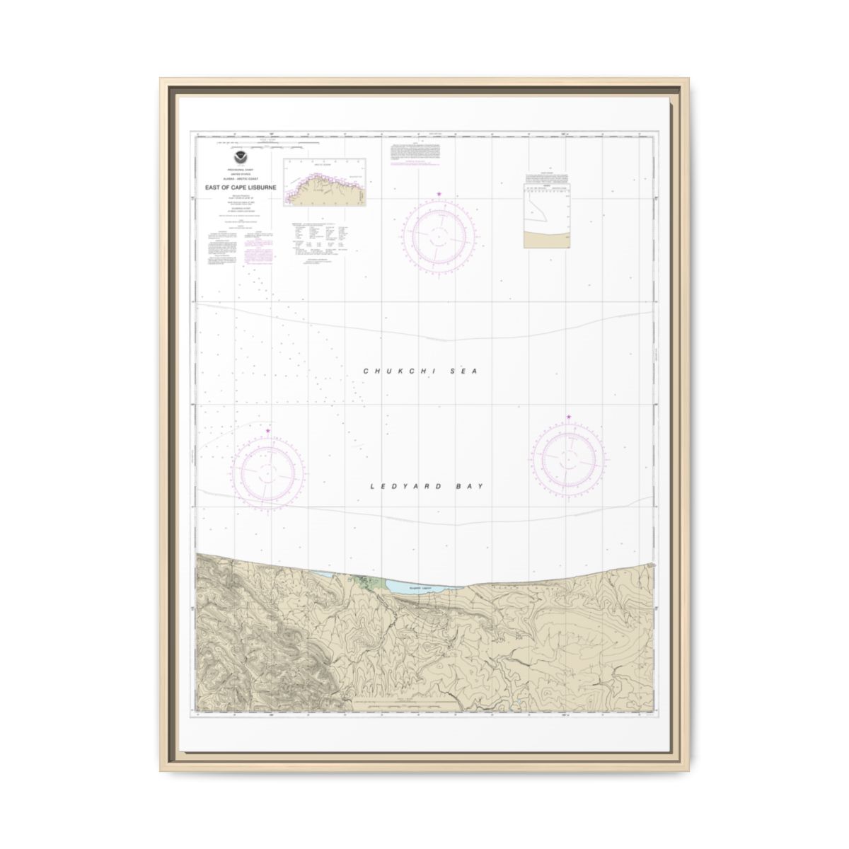 Chart 16121 East of Cape Lisburne - NOAA Nautical Chart Floating Frame Canvas | 24" x 32" | 30" x 40" - Natural front