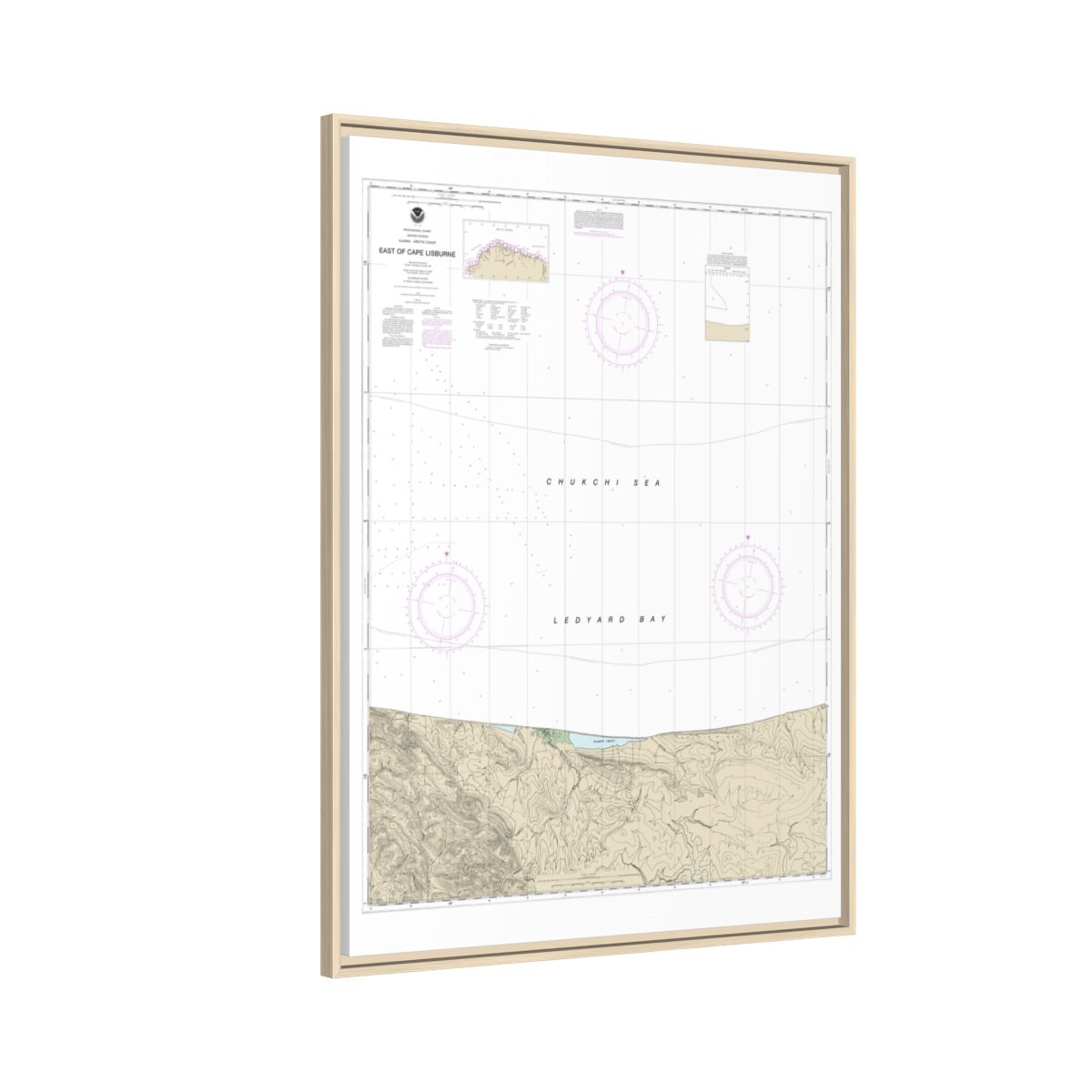 Chart 16121 East of Cape Lisburne - NOAA Nautical Chart Floating Frame Canvas | 24" x 32" | 30" x 40" - Natural side