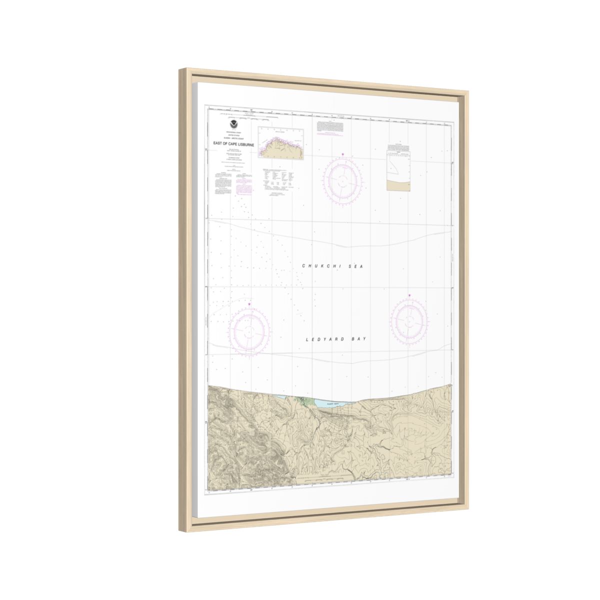 Chart 16121 East of Cape Lisburne - NOAA Nautical Chart Floating Frame Canvas | 24" x 32" | 30" x 40" - Natural side