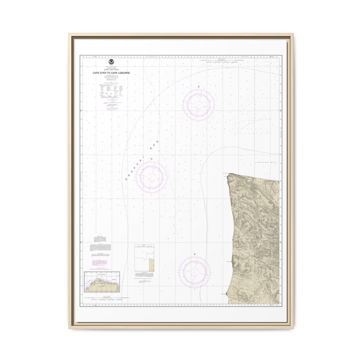 Chart 16122 Cape Dyer to Cape Lisburne - NOAA Nautical Chart Floating Frame Canvas | 24" x 32" | 30" x 40" - Natural front
