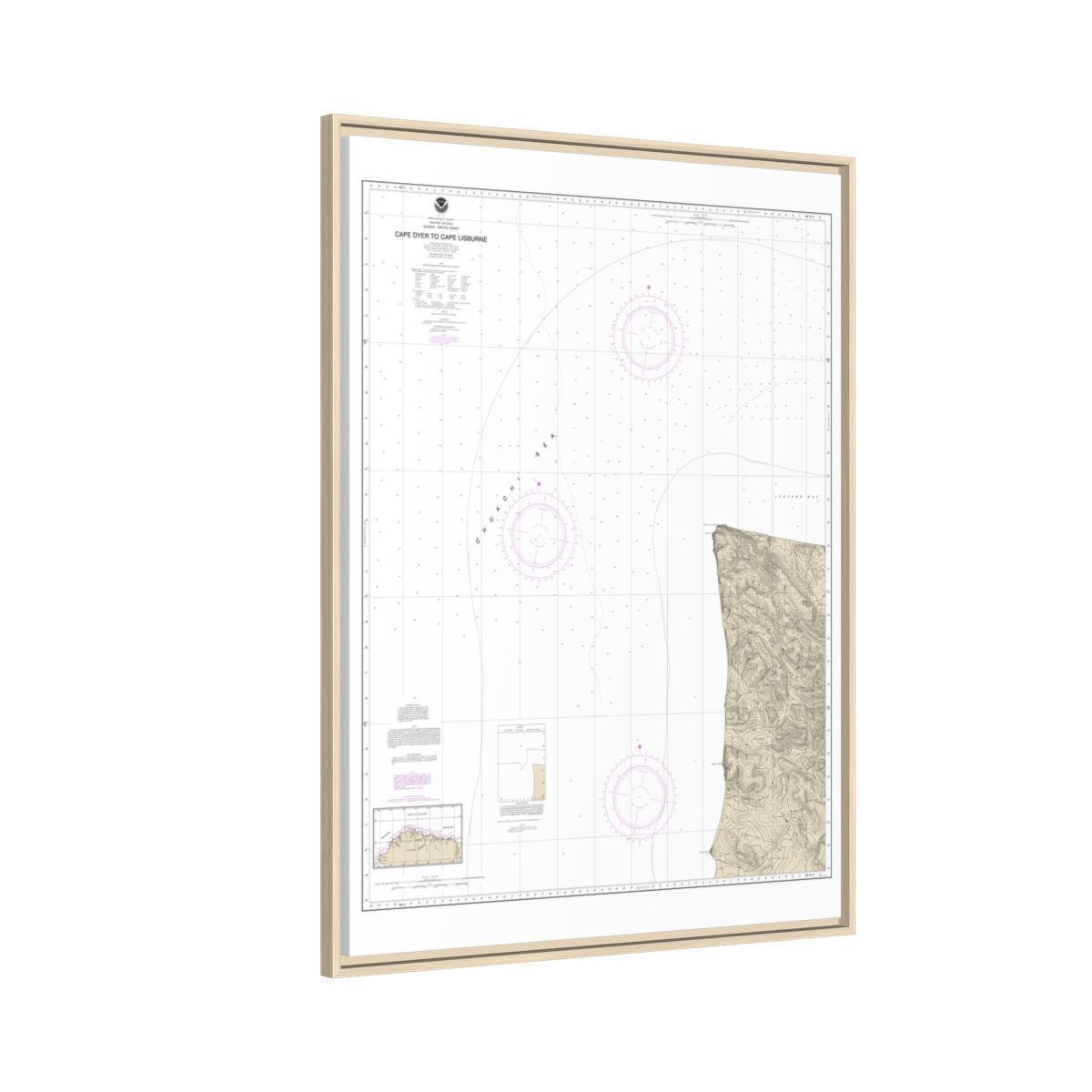 Chart 16122 Cape Dyer to Cape Lisburne - NOAA Nautical Chart Floating Frame Canvas | 24" x 32" | 30" x 40" - Natural side