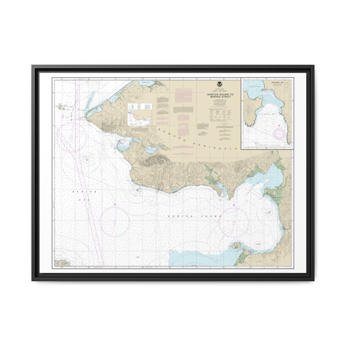 Chart 16200 Norton Sound;Golovnin Bay - NOAA Nautical Chart Floating Frame Canvas | 32" x 24" | 40" x 30" - Black front