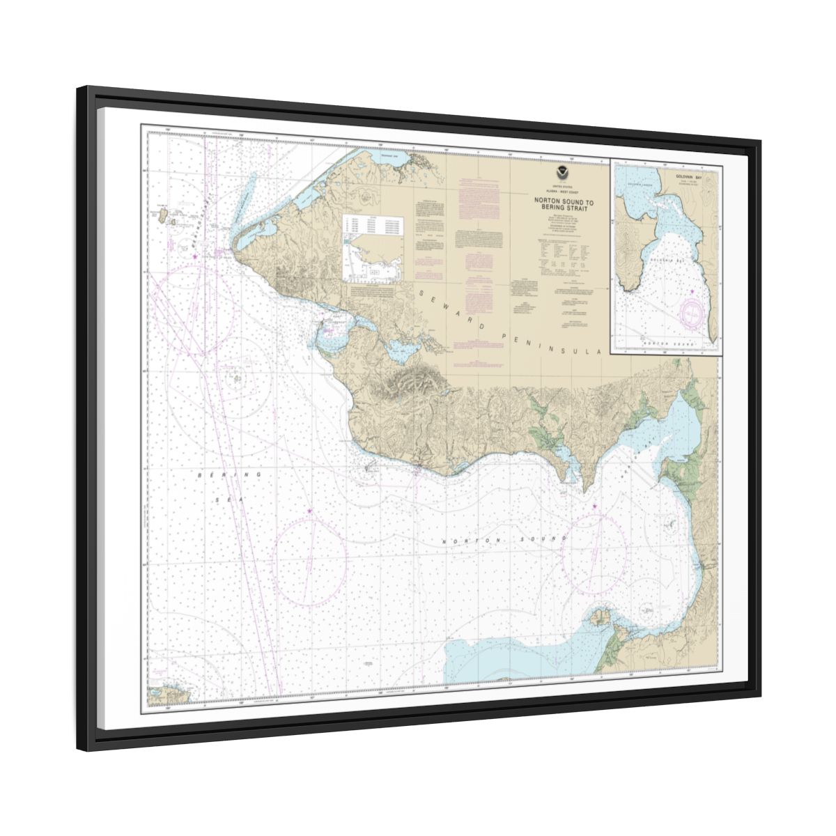 Chart 16200 Norton Sound;Golovnin Bay - NOAA Nautical Chart Floating Frame Canvas | 32" x 24" | 40" x 30" - Black side