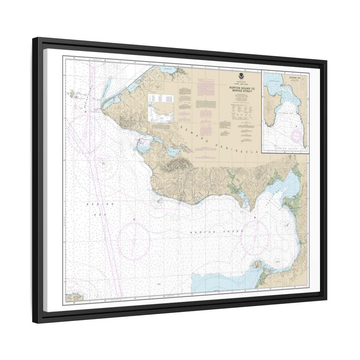 Chart 16200 Norton Sound;Golovnin Bay - NOAA Nautical Chart Floating Frame Canvas | 32" x 24" | 40" x 30" - Black side