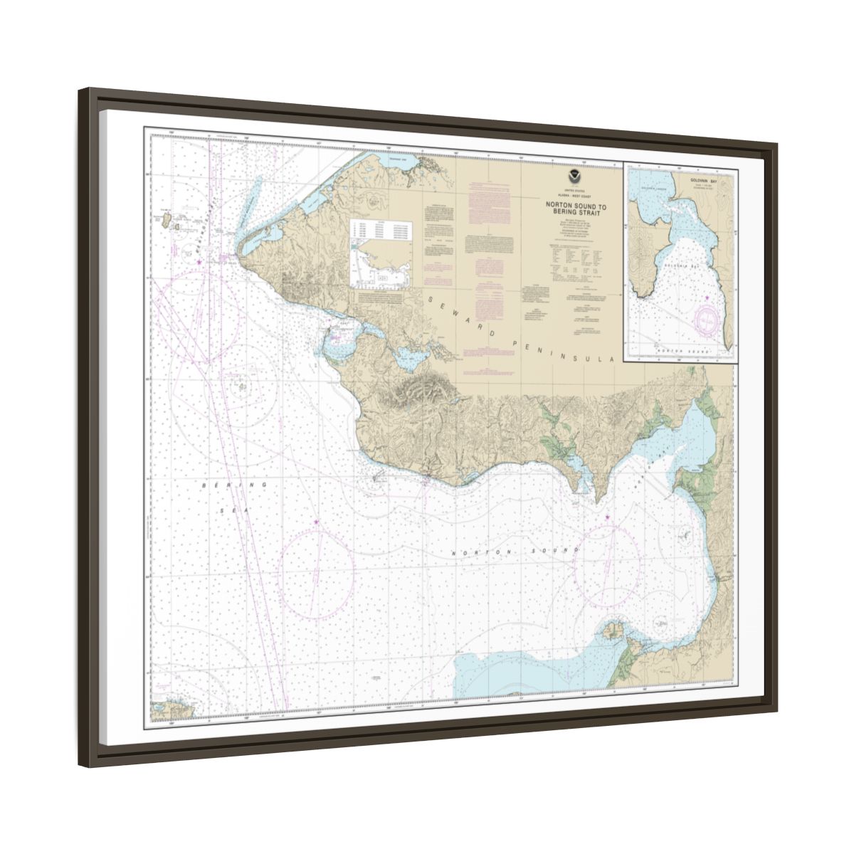 Chart 16200 Norton Sound;Golovnin Bay - NOAA Nautical Chart Floating Frame Canvas | 32" x 24" | 40" x 30" - Espresso side