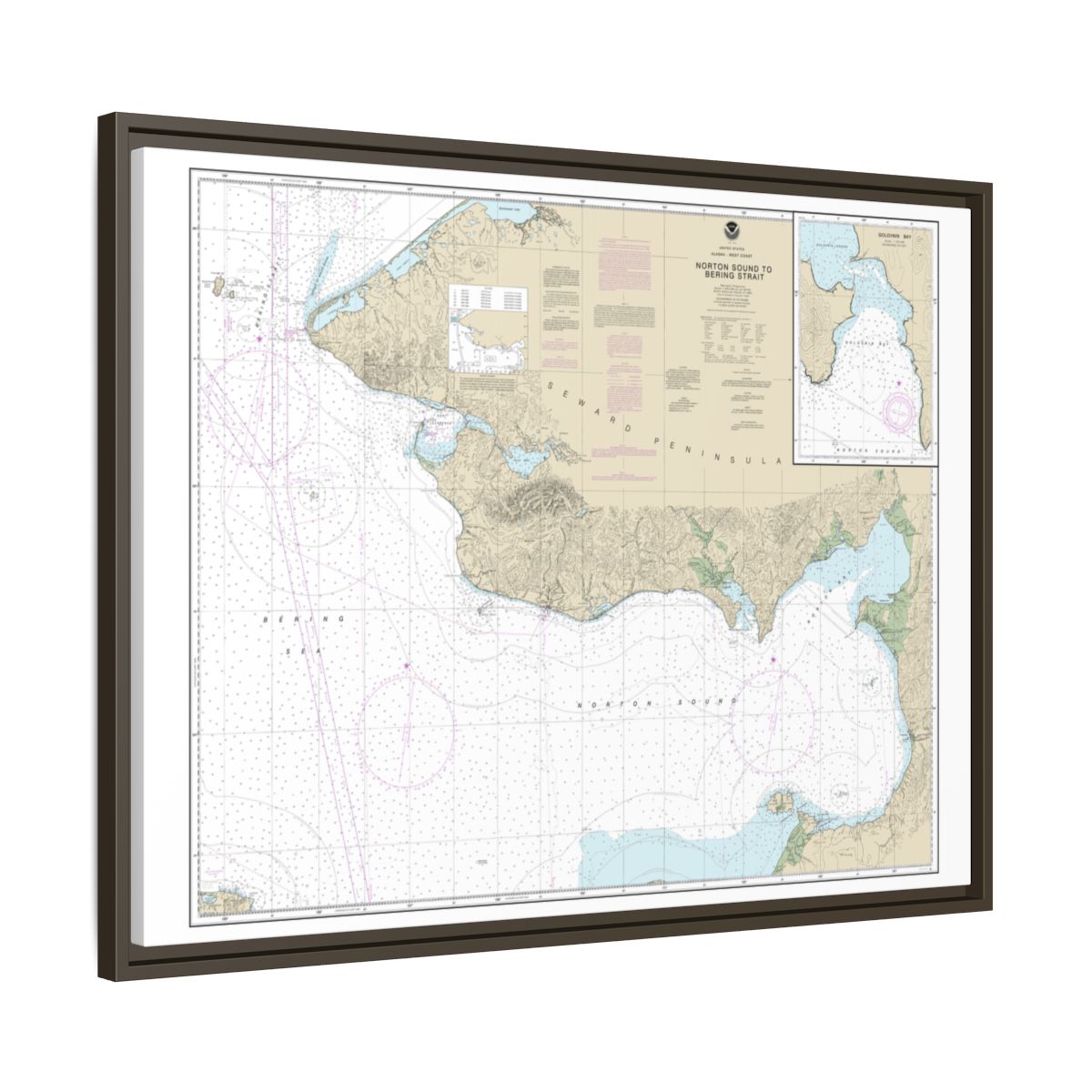 Chart 16200 Norton Sound;Golovnin Bay - NOAA Nautical Chart Floating Frame Canvas | 32" x 24" | 40" x 30" - Espresso side