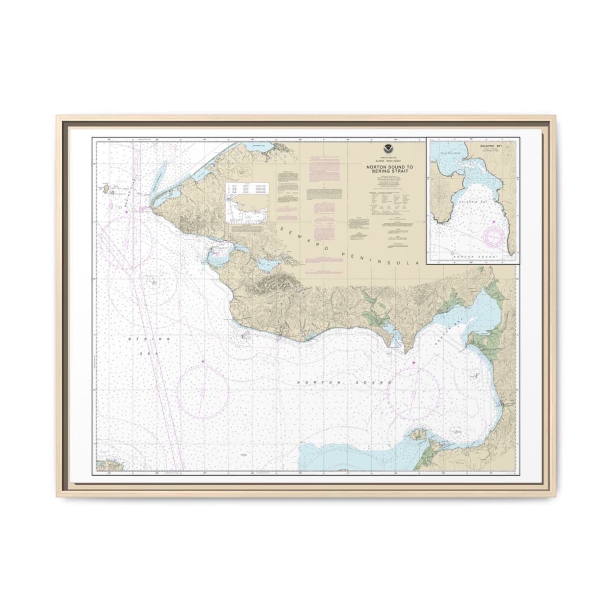 Chart 16200 Norton Sound;Golovnin Bay - NOAA Nautical Chart Floating Frame Canvas | 32" x 24" | 40" x 30" - Natural front