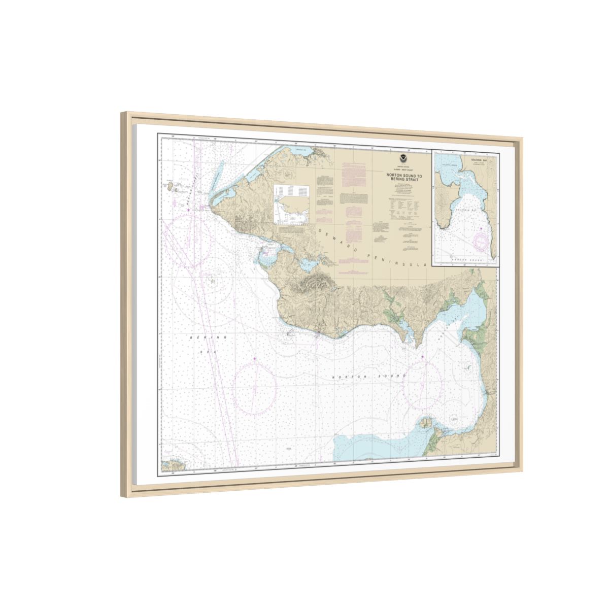 Chart 16200 Norton Sound;Golovnin Bay - NOAA Nautical Chart Floating Frame Canvas | 32" x 24" | 40" x 30" - Natural side