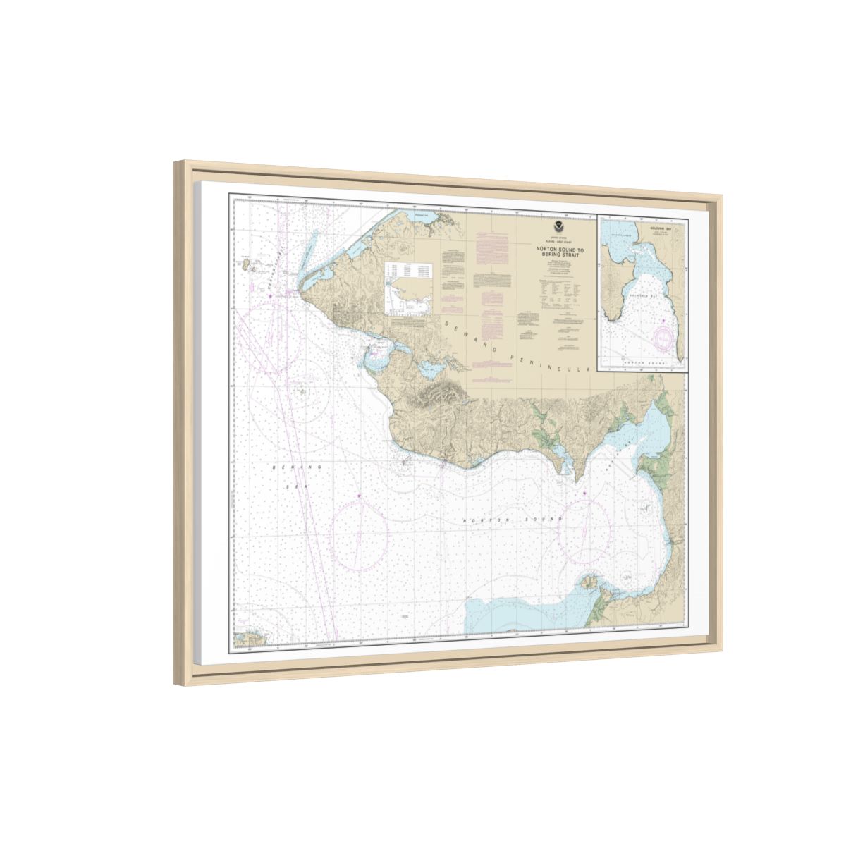 Chart 16200 Norton Sound;Golovnin Bay - NOAA Nautical Chart Floating Frame Canvas | 32" x 24" | 40" x 30" - Natural side