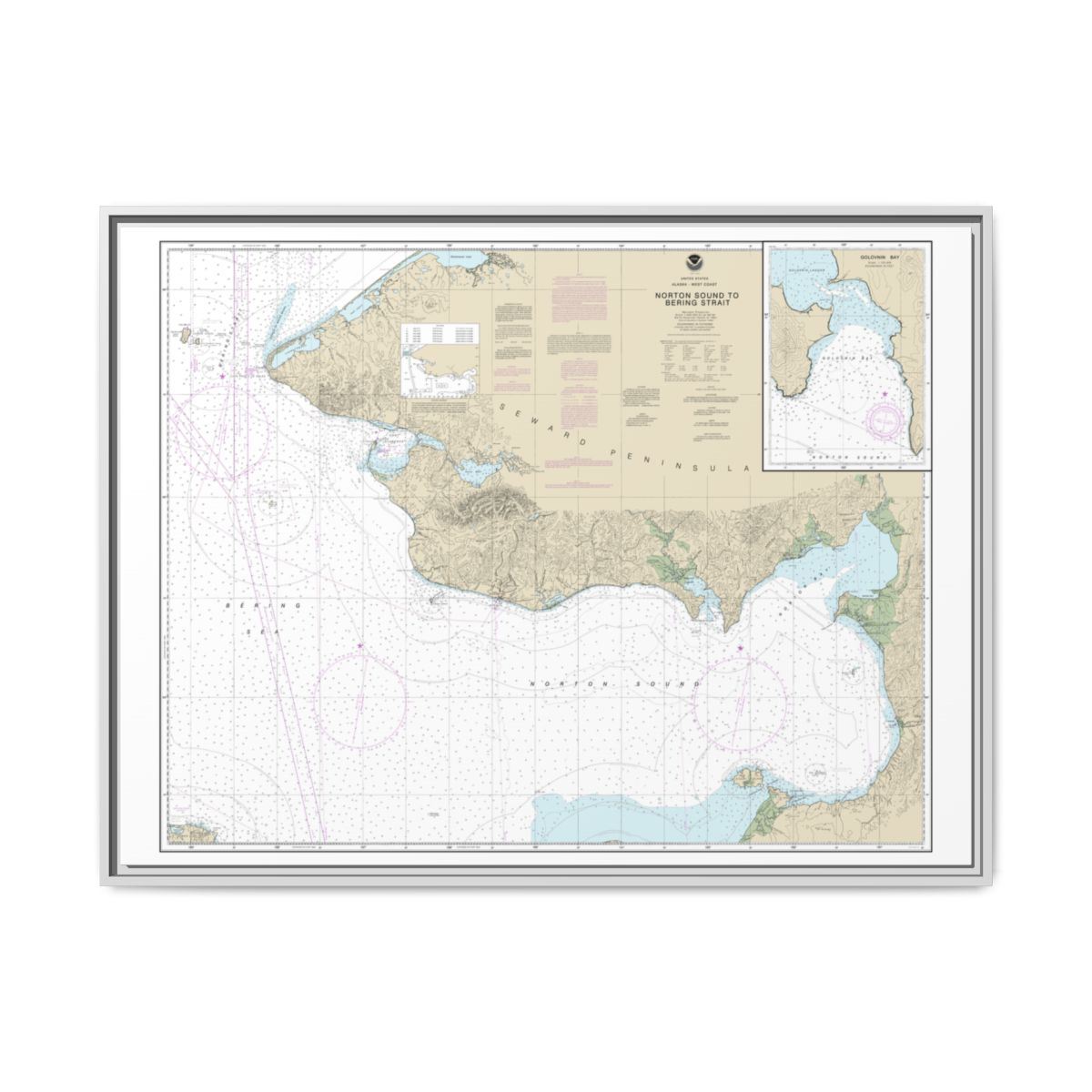 Chart 16200 Norton Sound;Golovnin Bay - NOAA Nautical Chart Floating Frame Canvas | 32" x 24" | 40" x 30" - White front