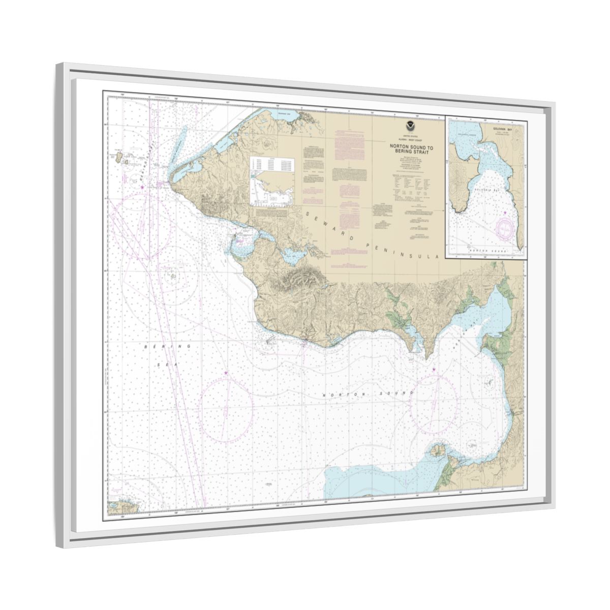 Chart 16200 Norton Sound;Golovnin Bay - NOAA Nautical Chart Floating Frame Canvas | 32" x 24" | 40" x 30" - White side