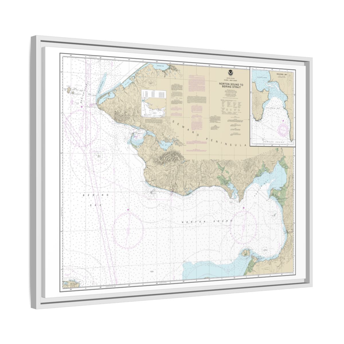 Chart 16200 Norton Sound;Golovnin Bay - NOAA Nautical Chart Floating Frame Canvas | 32" x 24" | 40" x 30" - White side