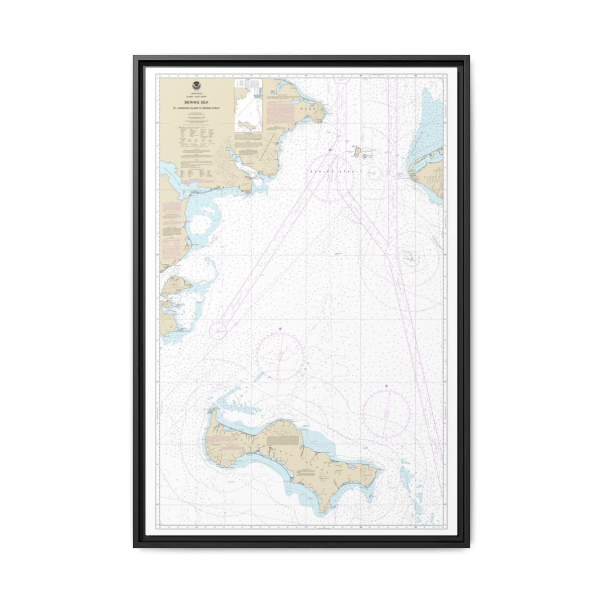 Chart 16220 Bering Sea St. Lawrence Island to Bering Strait - NOAA Nautical Chart Floating Frame Canvas | 20" x 30" | 24" x 36" | 32" x 48" - Black front