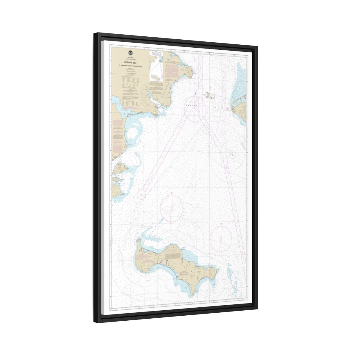 Chart 16220 Bering Sea St. Lawrence Island to Bering Strait - NOAA Nautical Chart Floating Frame Canvas | 20" x 30" | 24" x 36" | 32" x 48" - Black side