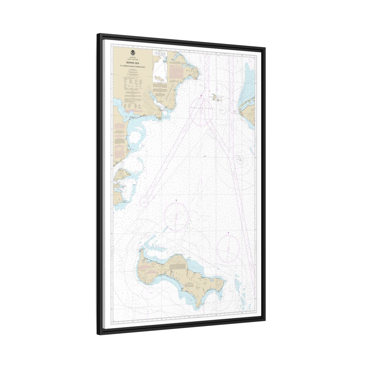 Chart 16220 Bering Sea St. Lawrence Island to Bering Strait - NOAA Nautical Chart Floating Frame Canvas | 20" x 30" | 24" x 36" | 32" x 48" - Black side