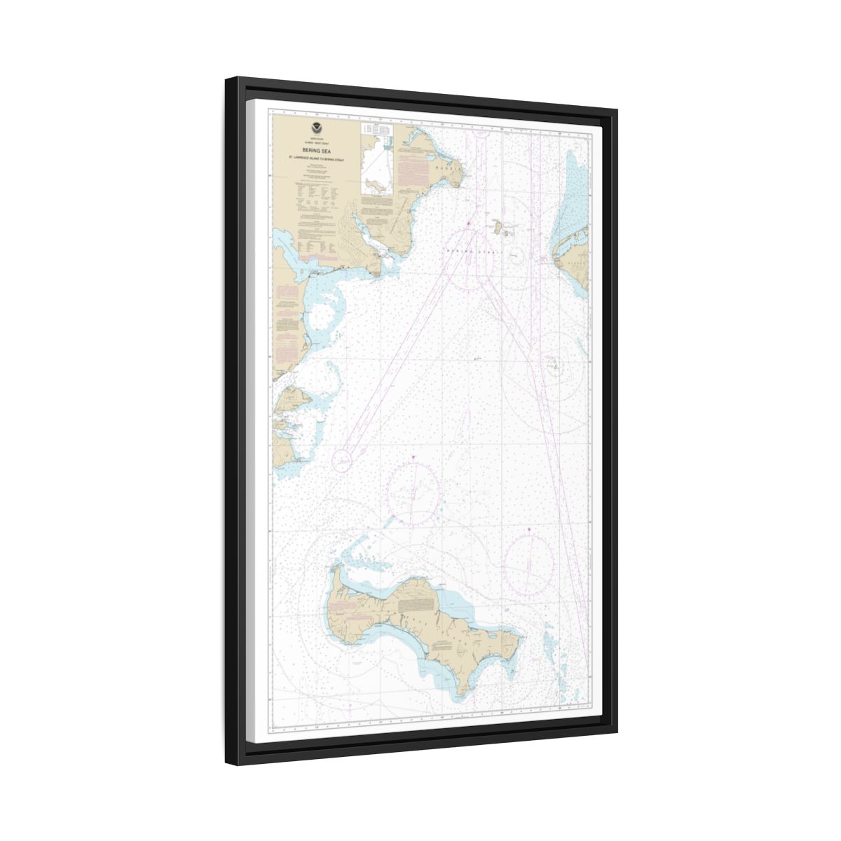 Chart 16220 Bering Sea St. Lawrence Island to Bering Strait - NOAA Nautical Chart Floating Frame Canvas | 20" x 30" | 24" x 36" | 32" x 48" - Black side