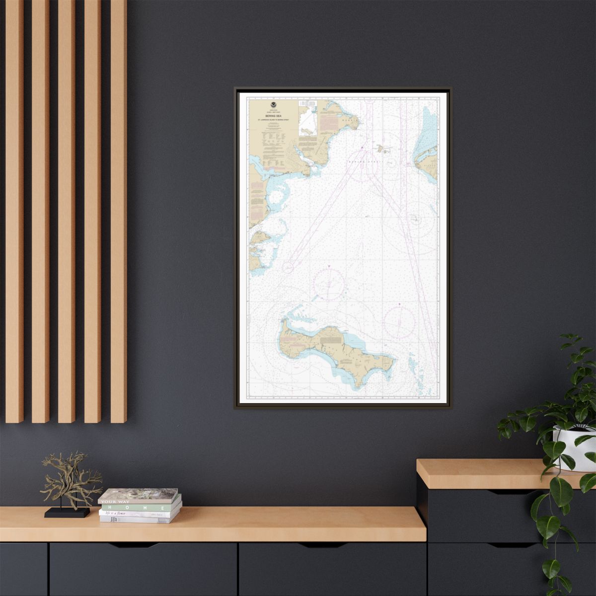 Chart 16220 Bering Sea St. Lawrence Island to Bering Strait - NOAA Nautical Chart Floating Frame Canvas | 20" x 30" | 24" x 36" | 32" x 48" - Espresso context-2