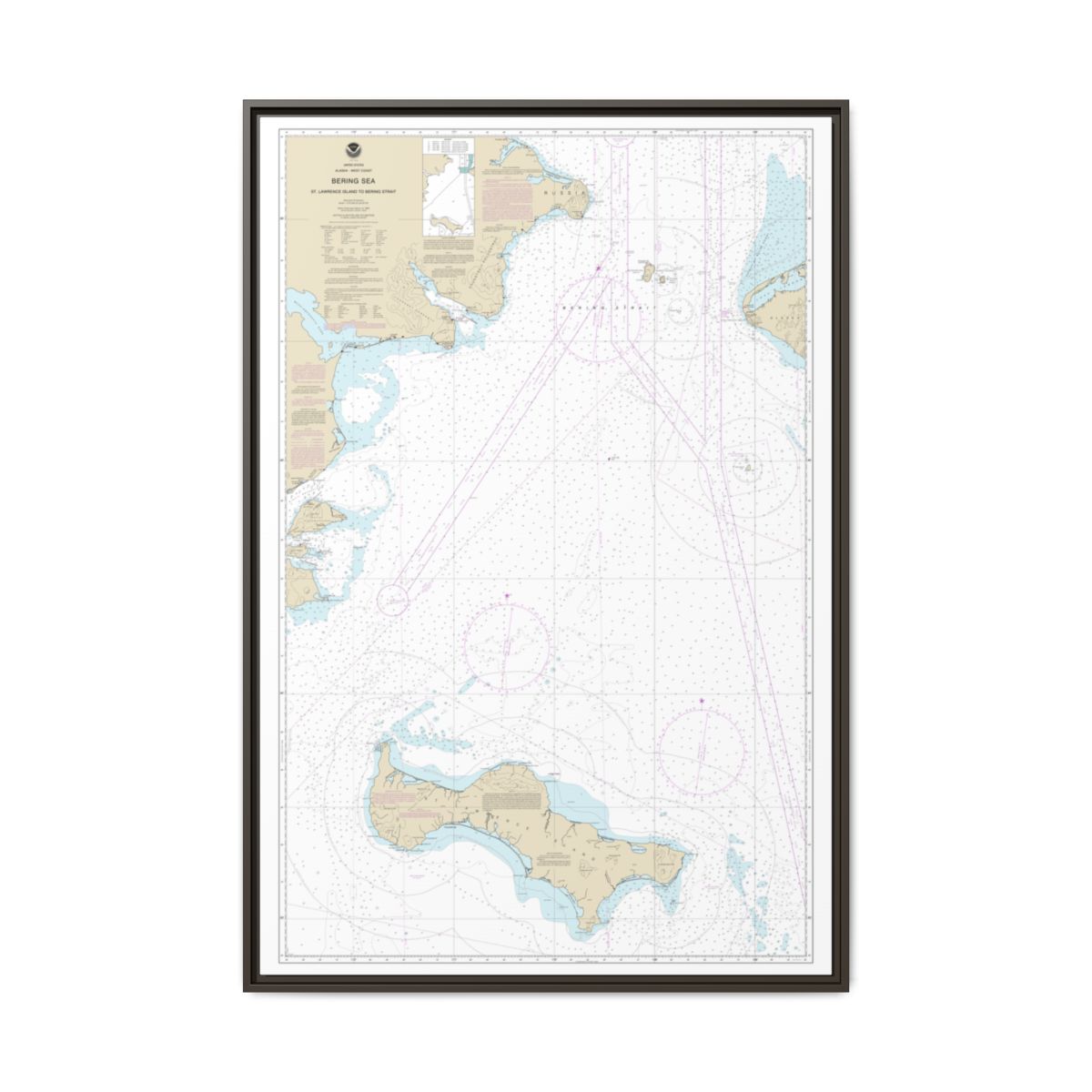 Chart 16220 Bering Sea St. Lawrence Island to Bering Strait - NOAA Nautical Chart Floating Frame Canvas | 20" x 30" | 24" x 36" | 32" x 48" - Espresso front