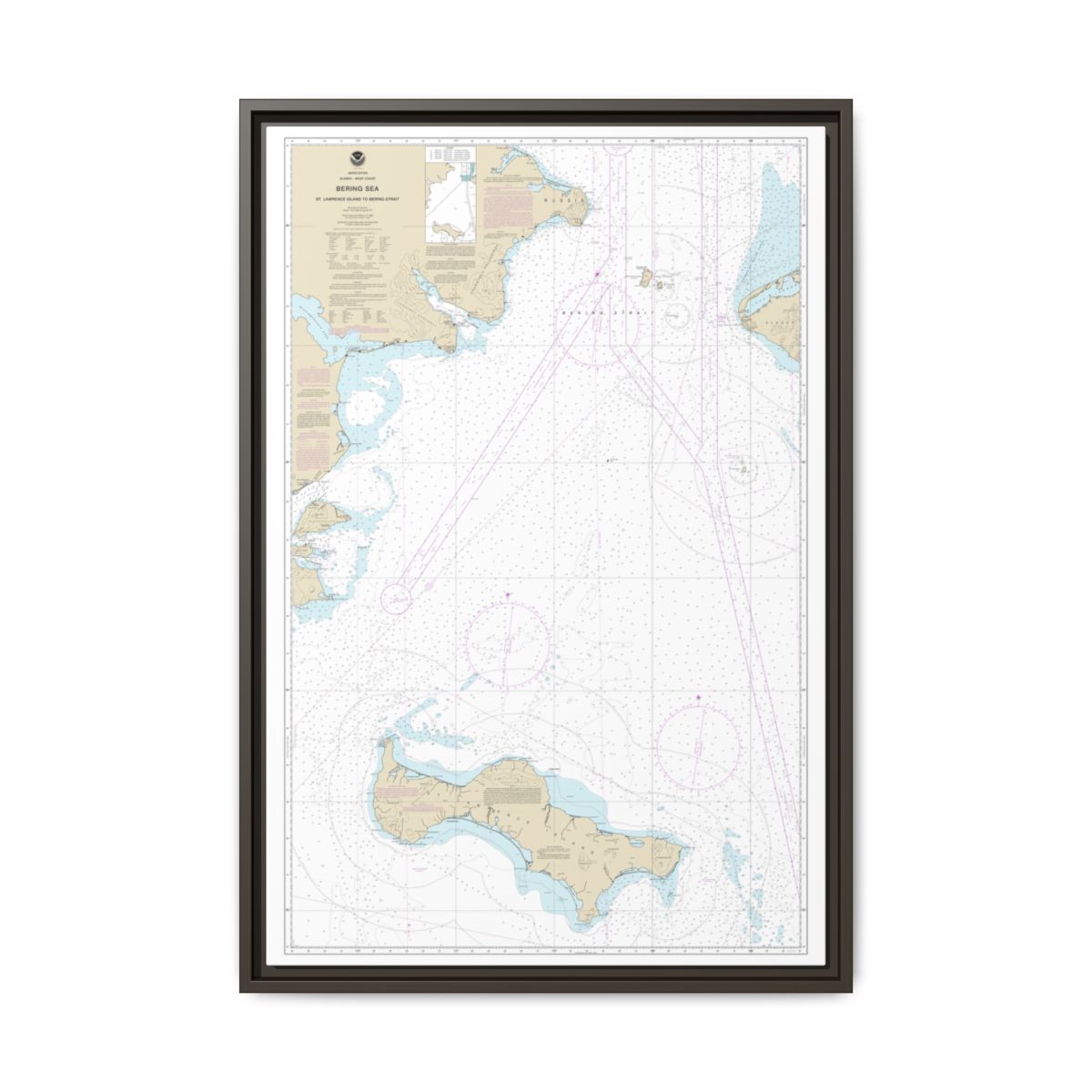 Chart 16220 Bering Sea St. Lawrence Island to Bering Strait - NOAA Nautical Chart Floating Frame Canvas | 20" x 30" | 24" x 36" | 32" x 48" - Espresso front