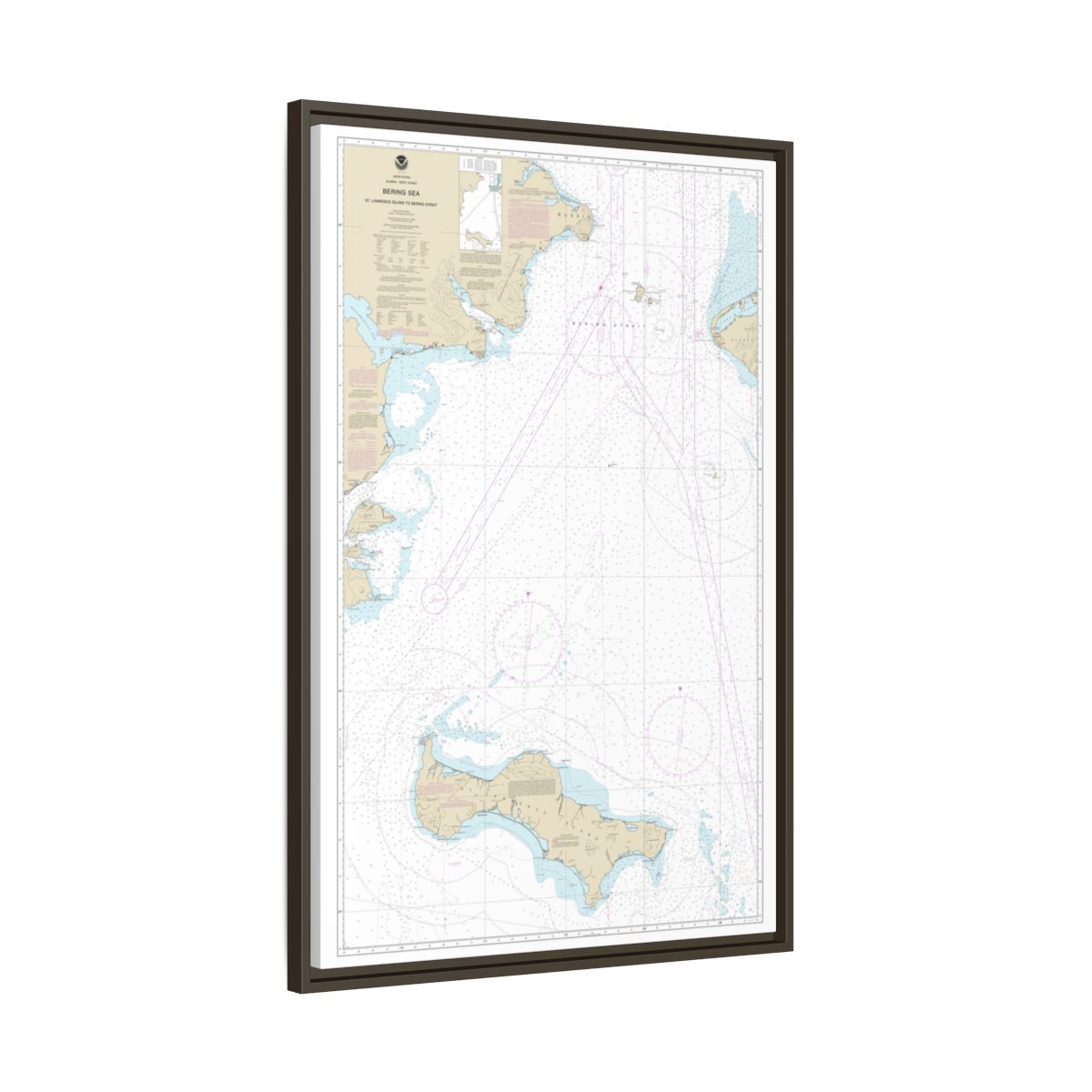 Chart 16220 Bering Sea St. Lawrence Island to Bering Strait - NOAA Nautical Chart Floating Frame Canvas | 20" x 30" | 24" x 36" | 32" x 48" - Espresso side