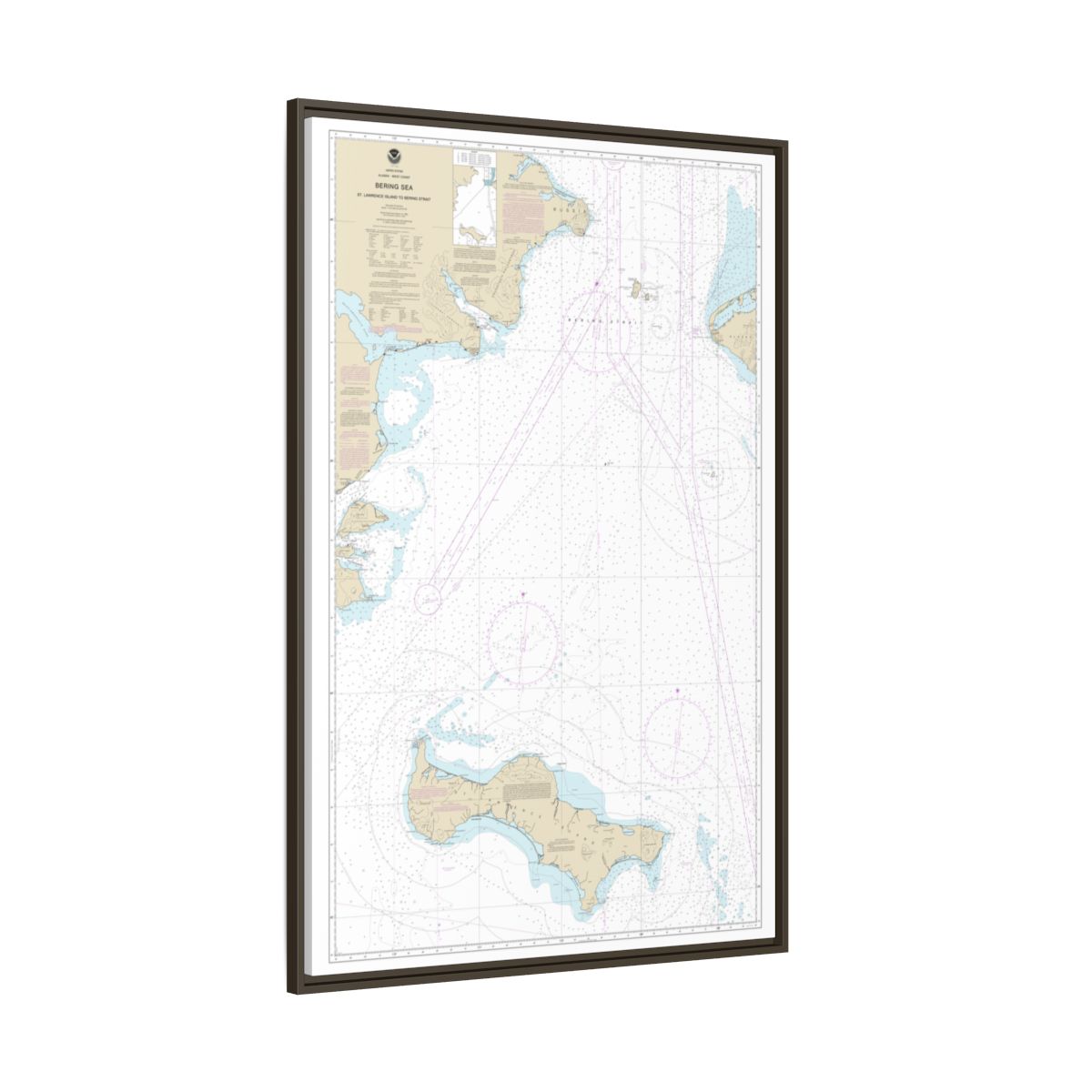 Chart 16220 Bering Sea St. Lawrence Island to Bering Strait - NOAA Nautical Chart Floating Frame Canvas | 20" x 30" | 24" x 36" | 32" x 48" - Espresso side