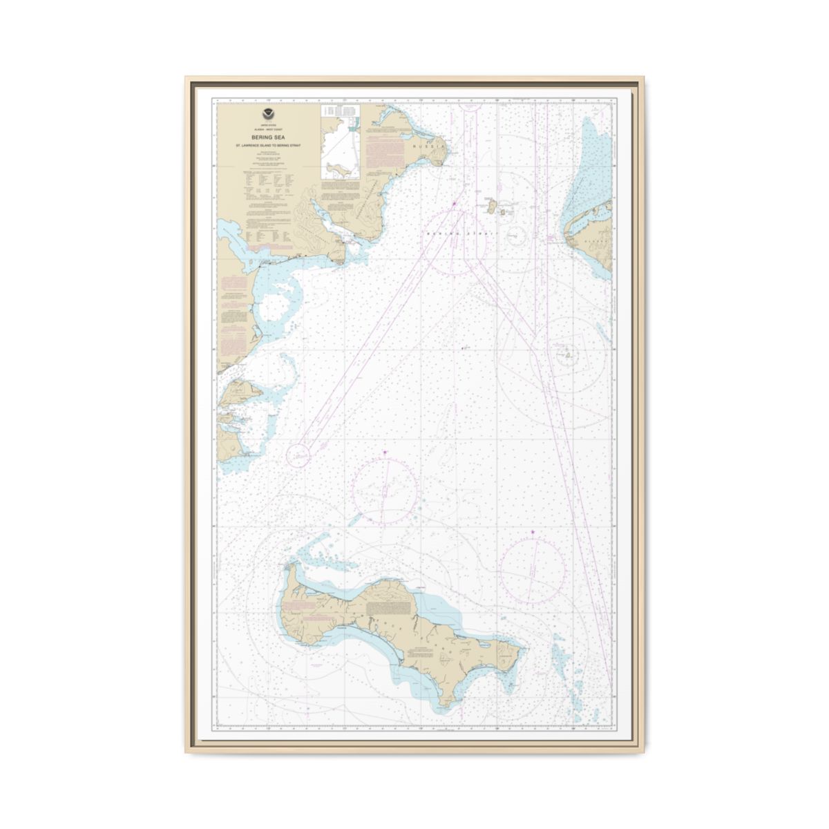 Chart 16220 Bering Sea St. Lawrence Island to Bering Strait - NOAA Nautical Chart Floating Frame Canvas | 20" x 30" | 24" x 36" | 32" x 48" - Natural front