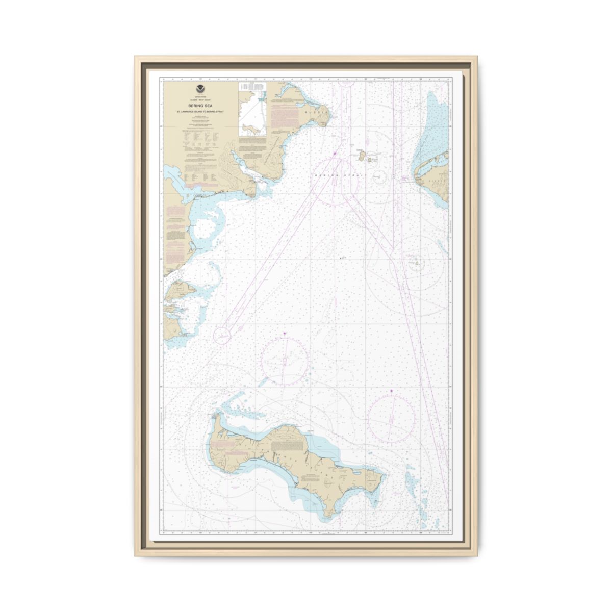 Chart 16220 Bering Sea St. Lawrence Island to Bering Strait - NOAA Nautical Chart Floating Frame Canvas | 20" x 30" | 24" x 36" | 32" x 48" - Natural front