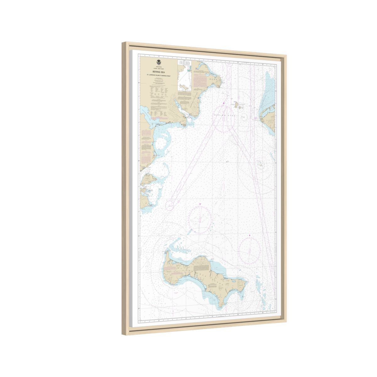 Chart 16220 Bering Sea St. Lawrence Island to Bering Strait - NOAA Nautical Chart Floating Frame Canvas | 20" x 30" | 24" x 36" | 32" x 48" - Natural side