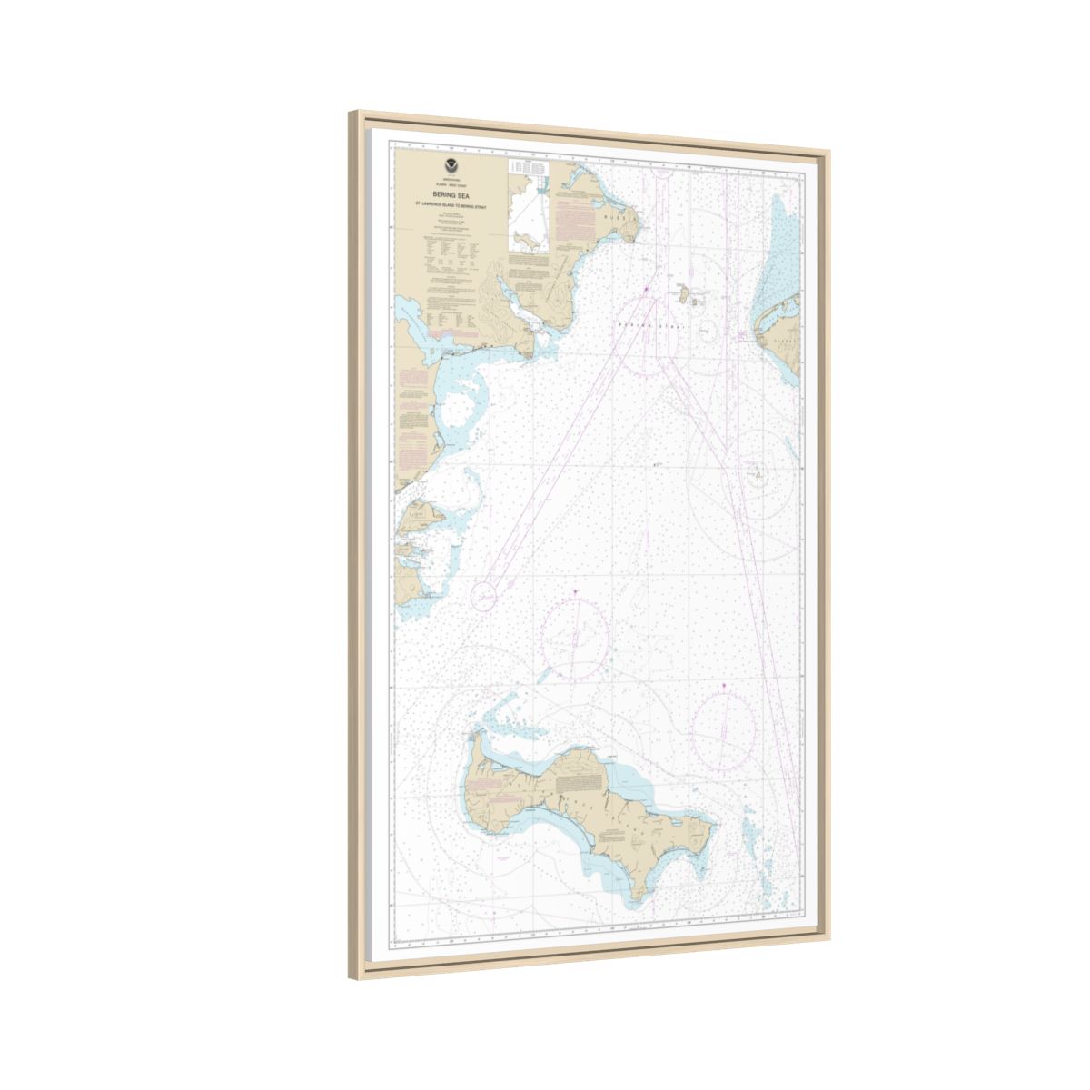Chart 16220 Bering Sea St. Lawrence Island to Bering Strait - NOAA Nautical Chart Floating Frame Canvas | 20" x 30" | 24" x 36" | 32" x 48" - Natural side