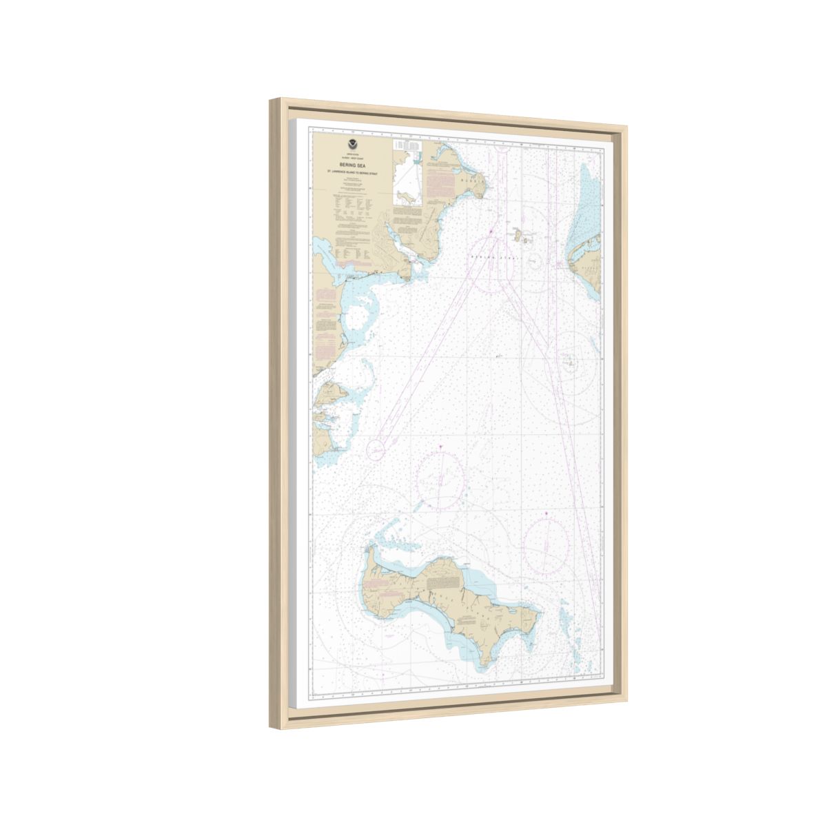 Chart 16220 Bering Sea St. Lawrence Island to Bering Strait - NOAA Nautical Chart Floating Frame Canvas | 20" x 30" | 24" x 36" | 32" x 48" - Natural side