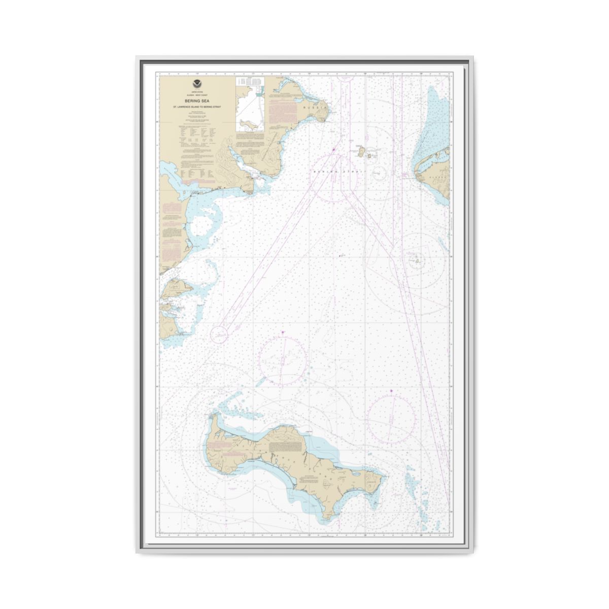 Chart 16220 Bering Sea St. Lawrence Island to Bering Strait - NOAA Nautical Chart Floating Frame Canvas | 20" x 30" | 24" x 36" | 32" x 48" - White front