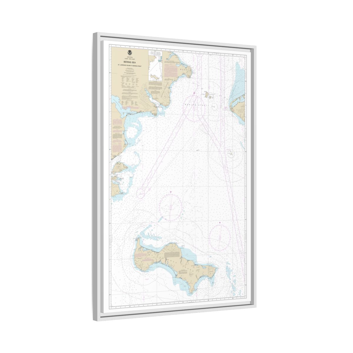 Chart 16220 Bering Sea St. Lawrence Island to Bering Strait - NOAA Nautical Chart Floating Frame Canvas | 20" x 30" | 24" x 36" | 32" x 48" - White side