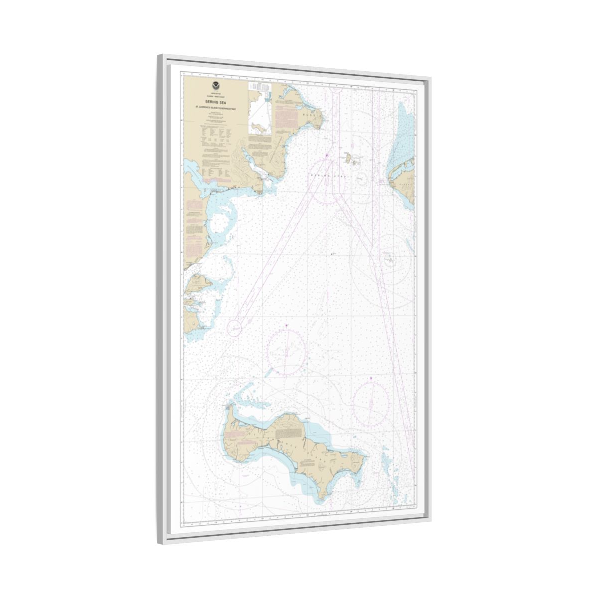 Chart 16220 Bering Sea St. Lawrence Island to Bering Strait - NOAA Nautical Chart Floating Frame Canvas | 20" x 30" | 24" x 36" | 32" x 48" - White side