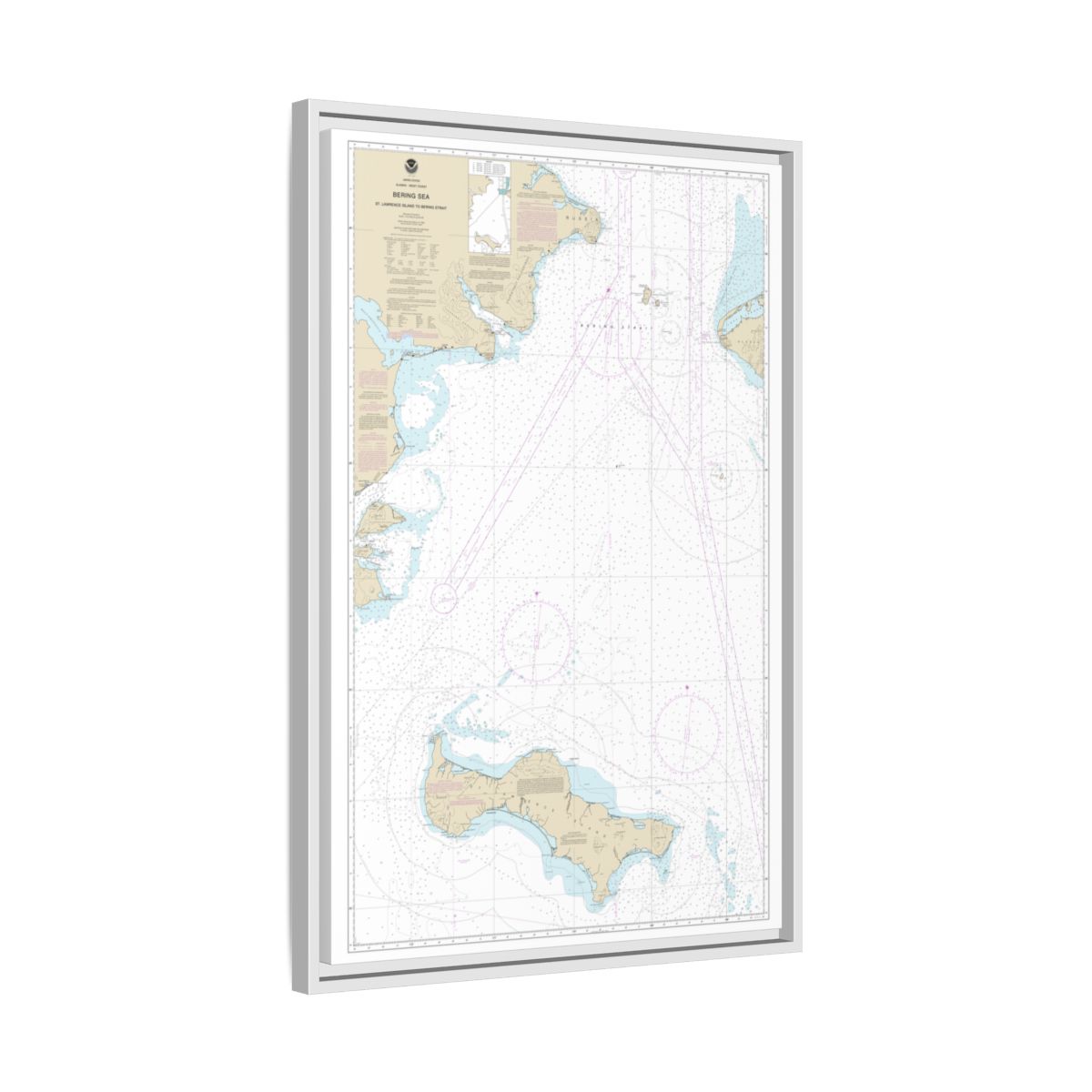 Chart 16220 Bering Sea St. Lawrence Island to Bering Strait - NOAA Nautical Chart Floating Frame Canvas | 20" x 30" | 24" x 36" | 32" x 48" - White side
