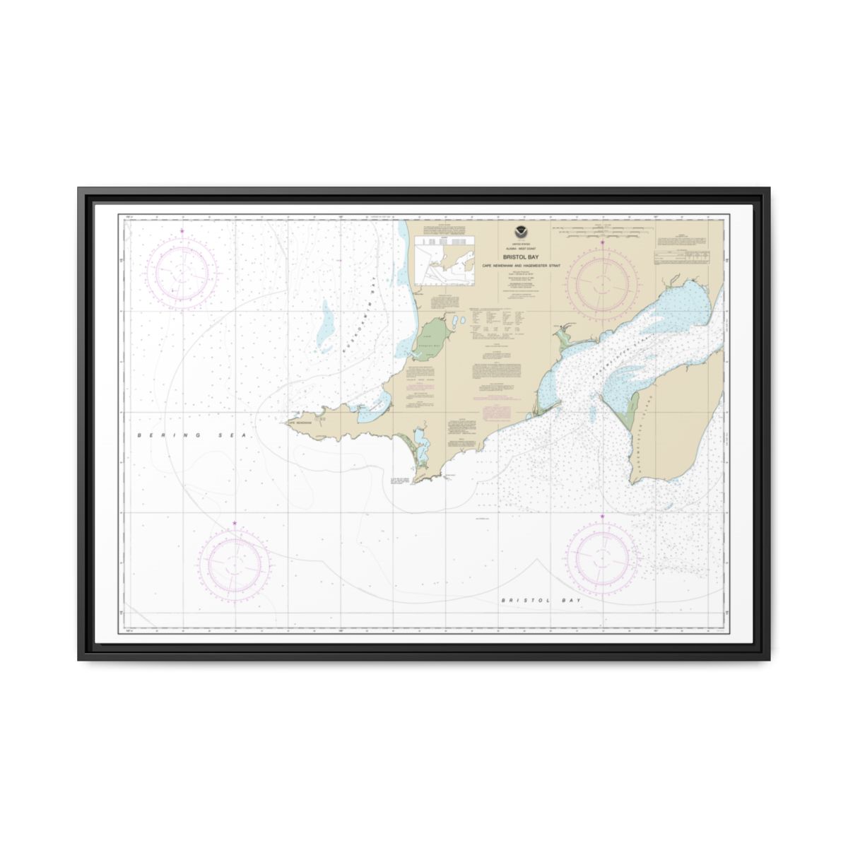 Chart 16305 Bristol Bay-Cape Newenham and Hagemeister Strait - NOAA Nautical Chart Floating Frame Canvas | 30" x 20" | 36" x 24" | 48" x 32" - Black front