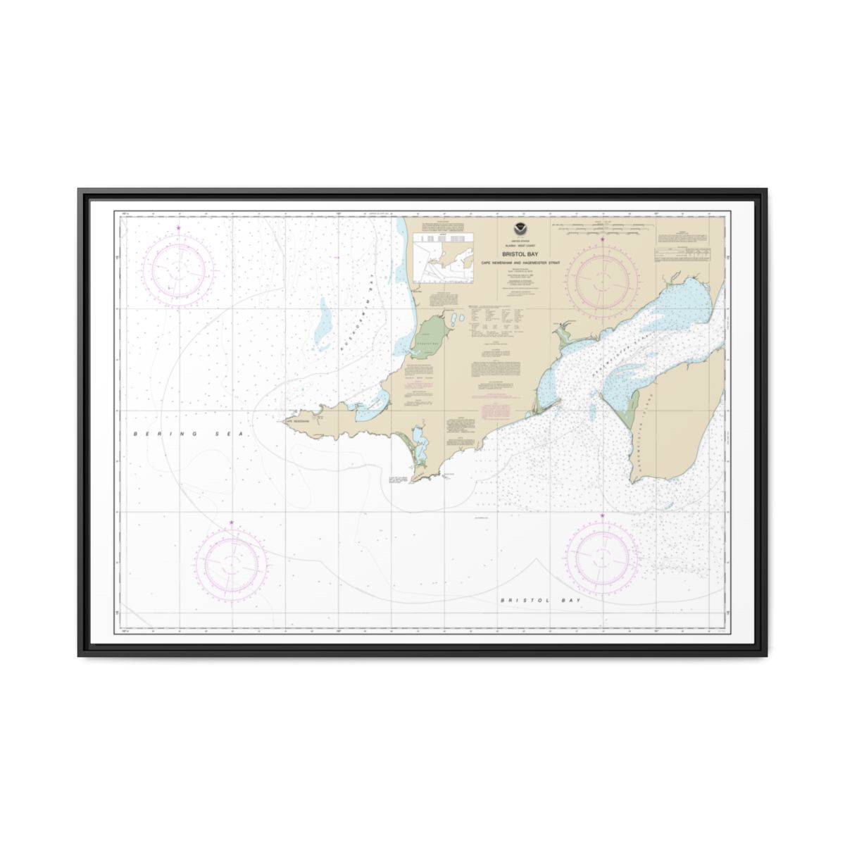 Chart 16305 Bristol Bay-Cape Newenham and Hagemeister Strait - NOAA Nautical Chart Floating Frame Canvas | 30" x 20" | 36" x 24" | 48" x 32" - Black front