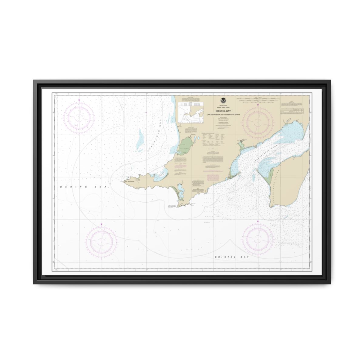 Chart 16305 Bristol Bay-Cape Newenham and Hagemeister Strait - NOAA Nautical Chart Floating Frame Canvas | 30" x 20" | 36" x 24" | 48" x 32" - Black front