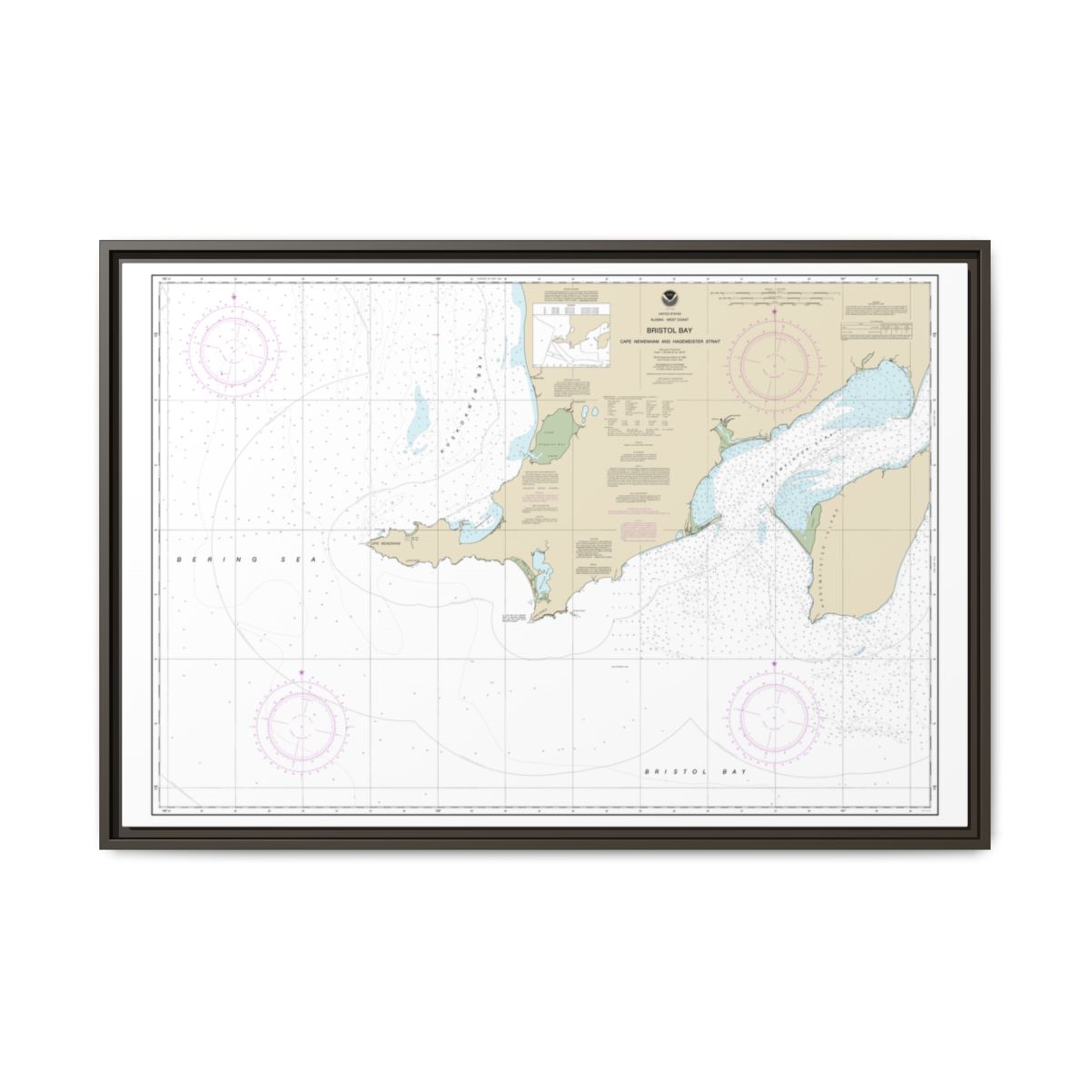 Chart 16305 Bristol Bay-Cape Newenham and Hagemeister Strait - NOAA Nautical Chart Floating Frame Canvas | 30" x 20" | 36" x 24" | 48" x 32" - Espresso front