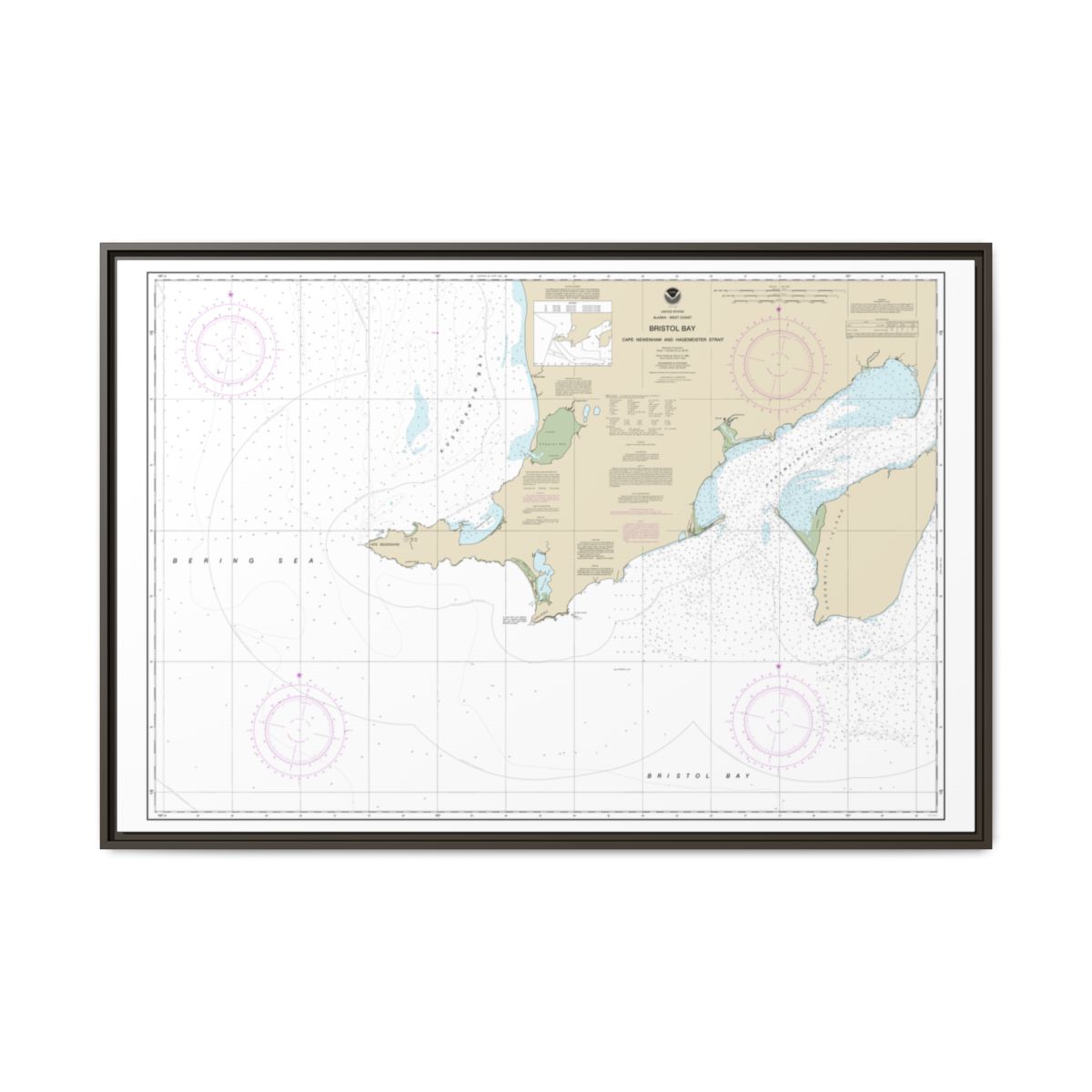 Chart 16305 Bristol Bay-Cape Newenham and Hagemeister Strait - NOAA Nautical Chart Floating Frame Canvas | 30" x 20" | 36" x 24" | 48" x 32" - Espresso front