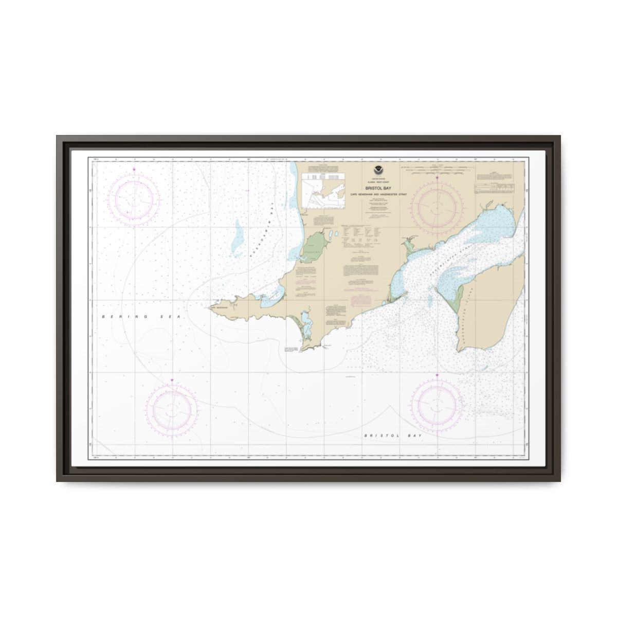 Chart 16305 Bristol Bay-Cape Newenham and Hagemeister Strait - NOAA Nautical Chart Floating Frame Canvas | 30" x 20" | 36" x 24" | 48" x 32" - Espresso front