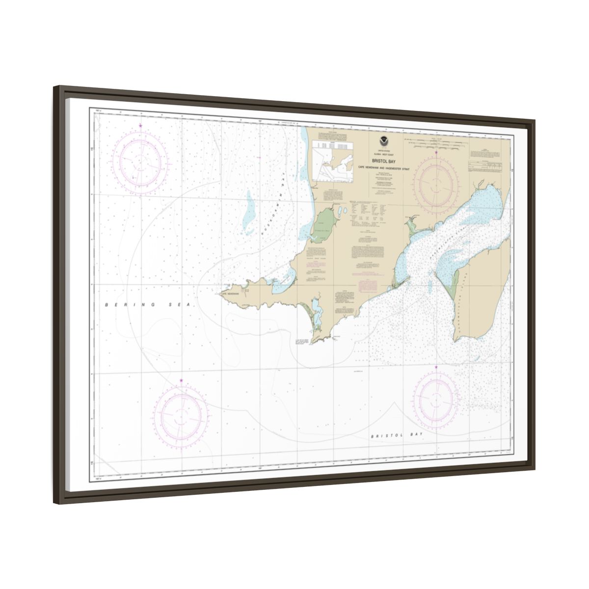 Chart 16305 Bristol Bay-Cape Newenham and Hagemeister Strait - NOAA Nautical Chart Floating Frame Canvas | 30" x 20" | 36" x 24" | 48" x 32" - Espresso side