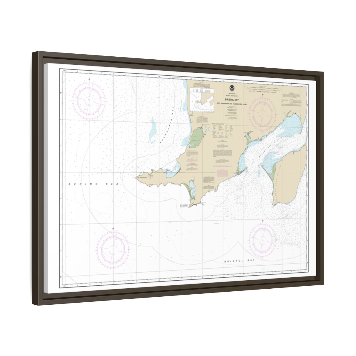 Chart 16305 Bristol Bay-Cape Newenham and Hagemeister Strait - NOAA Nautical Chart Floating Frame Canvas | 30" x 20" | 36" x 24" | 48" x 32" - Espresso side