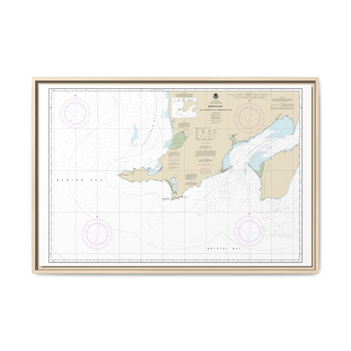 Chart 16305 Bristol Bay-Cape Newenham and Hagemeister Strait - NOAA Nautical Chart Floating Frame Canvas | 30" x 20" | 36" x 24" | 48" x 32" - Natural front