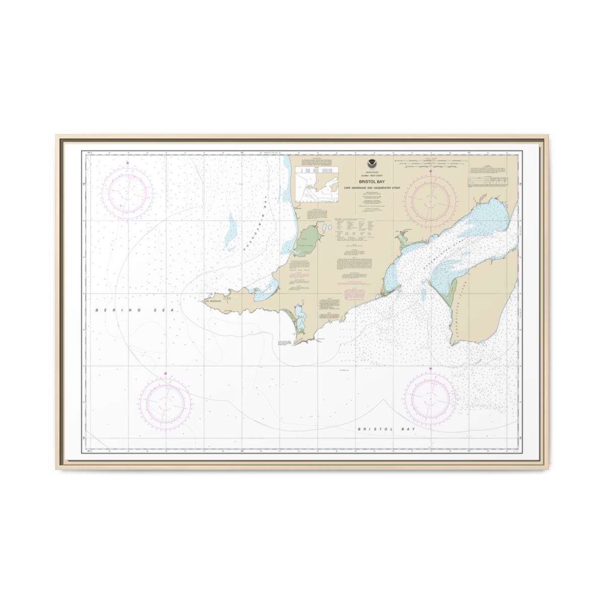 Chart 16305 Bristol Bay-Cape Newenham and Hagemeister Strait - NOAA Nautical Chart Floating Frame Canvas | 30" x 20" | 36" x 24" | 48" x 32" - Natural front
