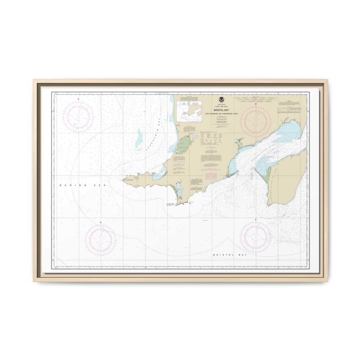 Chart 16305 Bristol Bay-Cape Newenham and Hagemeister Strait - NOAA Nautical Chart Floating Frame Canvas | 30" x 20" | 36" x 24" | 48" x 32" - Natural front